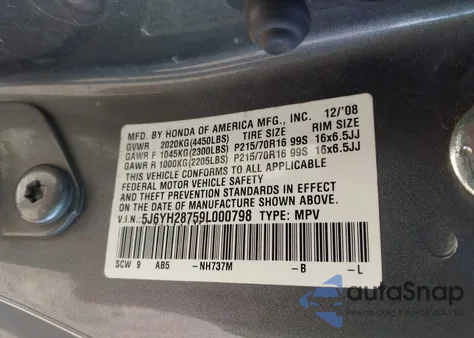 2009 Honda Element Ex z USA, uszkodzony, nr VIN 5J6YH28759L000798